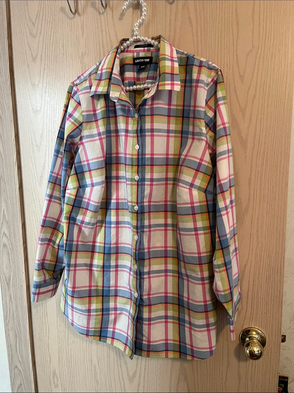 Lands' End Woman’s Plaid Button-Down Shirt in Pink, Blue, Green and White